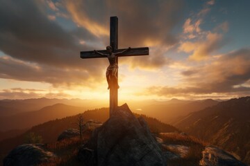 Jesus crucifix against mountain sunset - obrazy, fototapety, plakaty