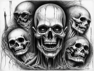 A pile of skulls human skulls. black and white horror style art of a nightmare realm of death