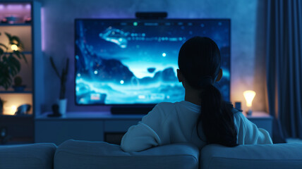 Woman watching series on big futuristic TV in living room, technology usage concept, ai generative