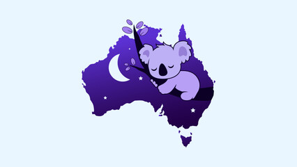 vector illustration of a cute koala sleeping on a tree branch, a cute Australian animal. Koala is sleeping. protected animals - obrazy, fototapety, plakaty