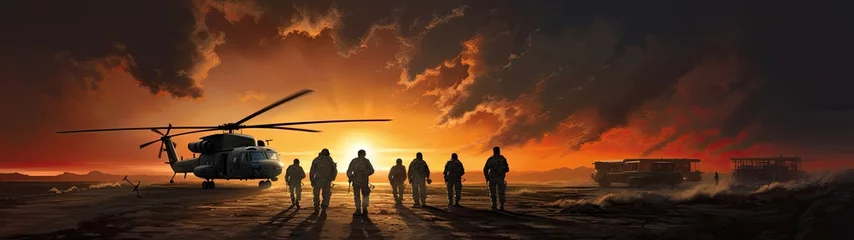 Fotobehang The warm glow of sunset envelops a military aircraft parked at the airport, depicting a scene of dusk preparation... © Murda
