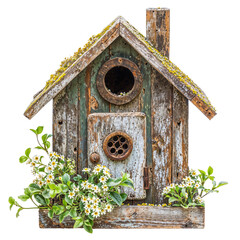 Fototapeta na wymiar Wooden Birdhouse with White Flowers