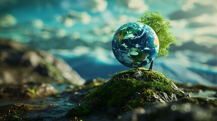 Earth Day background wallpaper, planet earth in nature, go green, ecology, plants, banner, social media post, awarness, green hour