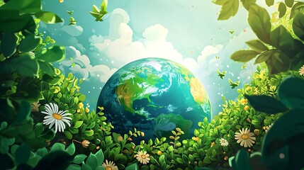 Earth Day background wallpaper, planet earth in nature, go green, ecology, plants, banner, social media post, awarness, green hour