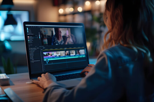 Young girl works at laptop with media files. Video editing process using audio and video files