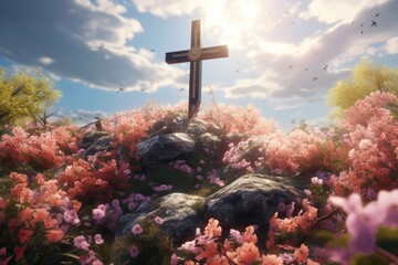 Symbolic elements of Easter: cross, flowers, sunlight.