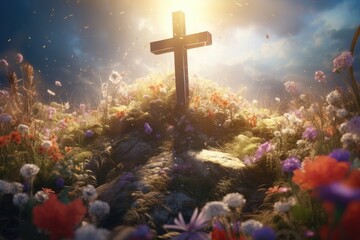 Symbolic elements of Easter: cross, flowers, sunlight. - obrazy, fototapety, plakaty