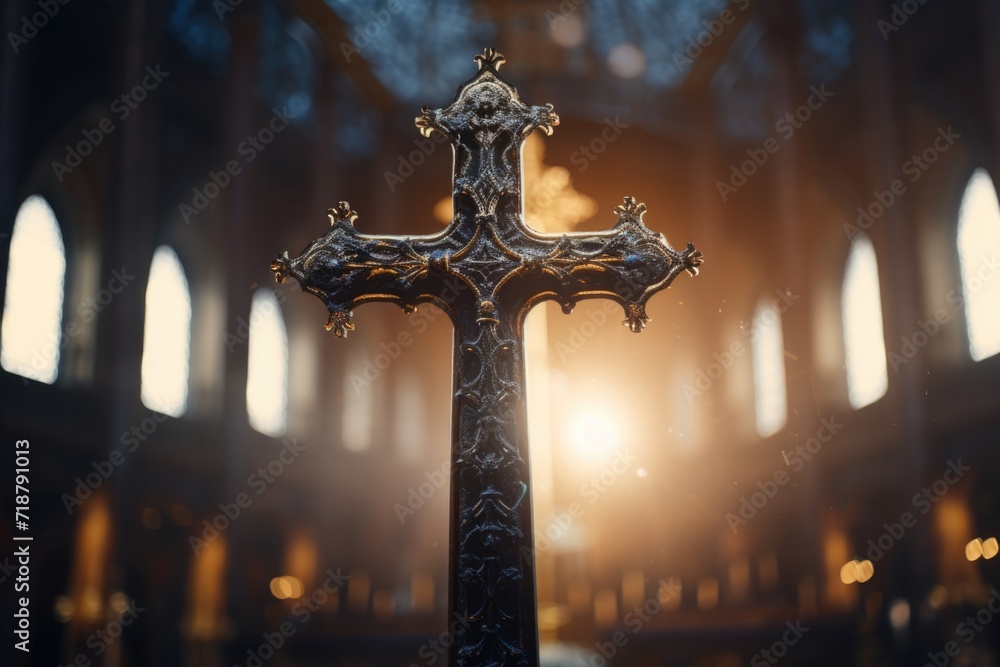 Wall mural christian cross in church on clean background and bokeh. - Wall murals