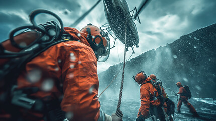 9:16 OR 16:9 Rescuers rescue victims at sea such as oil rigs, gas rigs, ships in bad weather conditions with helicopters. - obrazy, fototapety, plakaty