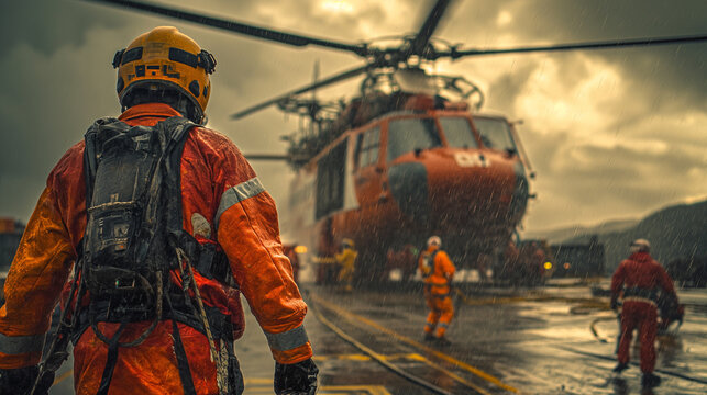 9:16 OR 16:9 Rescuers rescue victims at sea such as oil rigs, gas rigs, ships in bad weather conditions with helicopters.