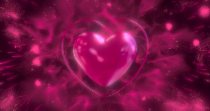 Pink heart beats with explosion, firework blasts & pink smoke. Heart explodes outer shell 5 times. 4K animation on black background for Love projects - Valentine's and Mother Day, 8'th March etc.