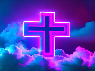 3d render, mystical cloud and cross sign glowing with pink blue neon light, abstract background, for laptop wallpaper