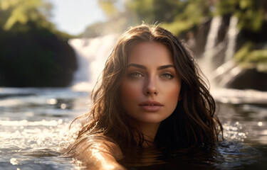 woman in lake, big waterfall in background. home spa in nature. Summer relax in pool