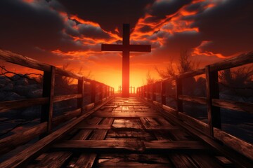 Silhouette of Christian cross against orange sky.