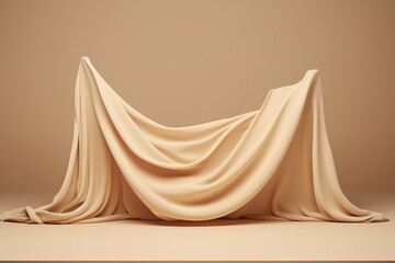 3D Display Podium on Beige Background, Flying Beige Silk Cloth Curtain, Product Showcase Mockup