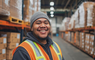 Naklejka premium Warehouse, business and man employee or manager checking with happy smile for courier service, delivery or exports. Confident, successful and hard working male at factory for parcels or inventory