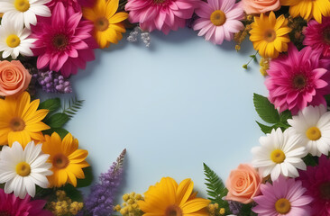 Frame of colorful different daisy flowers on a blue pastel background. Copy space. Mothers day
