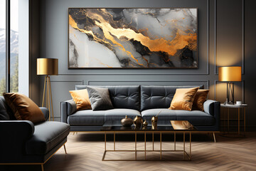 Modern Living Room with Abstract Black, Gold & Gray Ink Painting