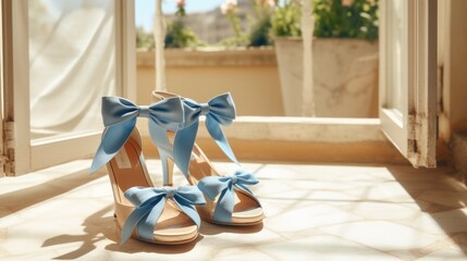 Blue Sandals with bows. The trend for bows in 2024. Shoes with bows
