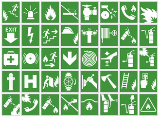 Green signs of necessary actions during a fire. Fire warnings and actions. Vector illustration.