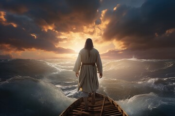 Jesus walks on water towards boat during storm. - obrazy, fototapety, plakaty