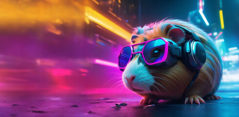 Portrait of a guinea pig with headphones and sun glasses. acid colors and space for text