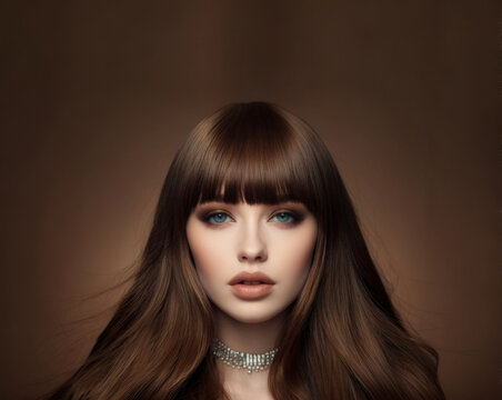 Beautiful woman with long straight hair on dark background. Photo for hair salon. space for text