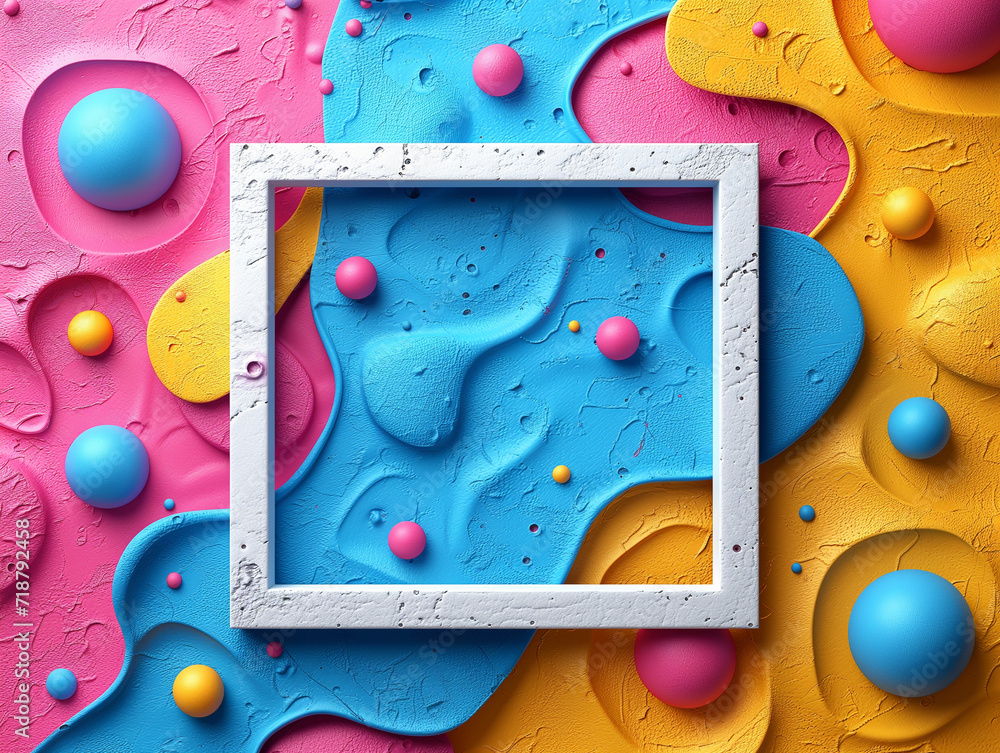 Poster 3d empty mockup frame set against an abstract background. abstract composition of spheres in vibrant