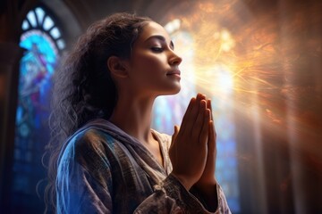 Praying hands in worship background, symbolizing faith and spirituality.