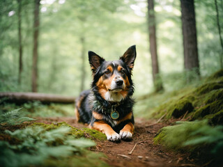Small funny dog is sitting obediently in a sunny forest