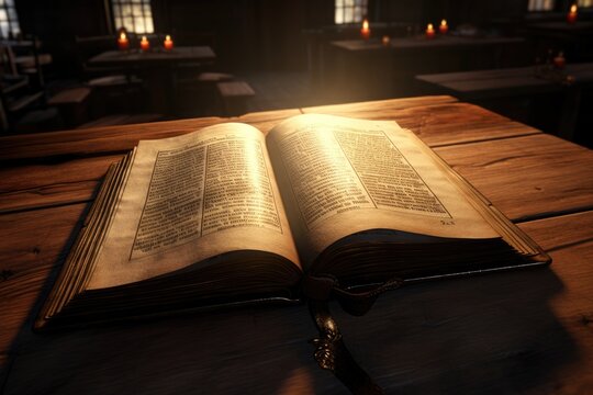 Bible on Wood Table with Divine Light Church Concept