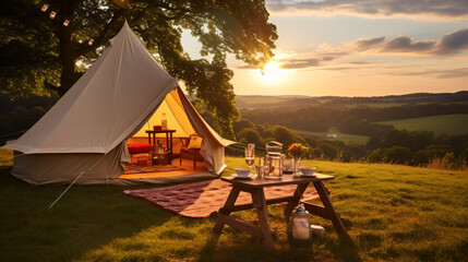 glamping luxury glamorous camping in the nature, chair, garden, grass, chairs, summer, furniture, relax, park, wood, nature, bench, outdoors, table, seat, beach, sky, lawn, empty, patio, outdoor