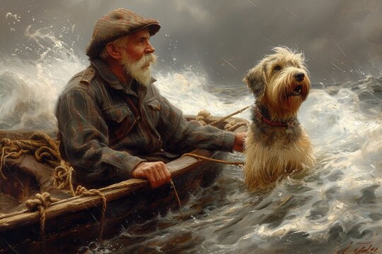 A fisherman and his bearded terrier dog. Generative Ai.
