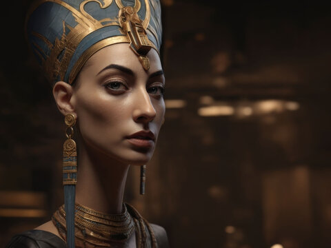 Egyptian queen.Young beautiful woman in the image of an ancient Egyptian queen Nefertiti on a dark background