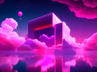 3d render, abstract fantasy background. Unique futuristic wallpaper with geometric shape glowing with pink red neon light, colorful cloud and water, DARK