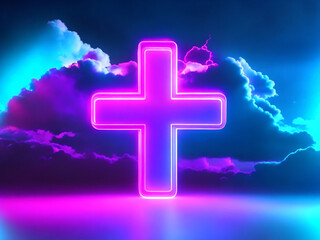 3d render, mystical cloud and cross sign glowing with pink blue neon light, abstract background, for laptop wallpaper