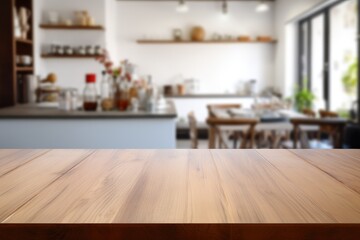 Close-up plane of the table, the kitchen interior is blurred in the background