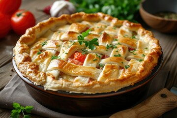 Golden crust cheese and tomato pie garnished with parsley, pizza pot pie