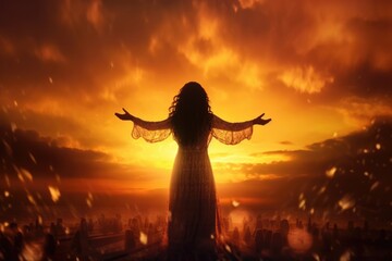 Woman worshiping against sunset backdrop. - obrazy, fototapety, plakaty