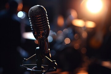 Retro microphone with warm ambient lighting and soft focus background.