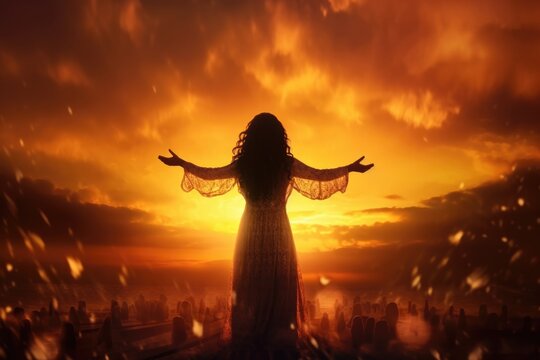 Woman worshiping against sunset backdrop.