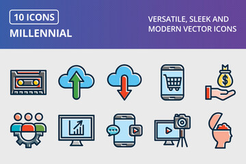Millennial Thick Line Filled Dark Colors Icons Set