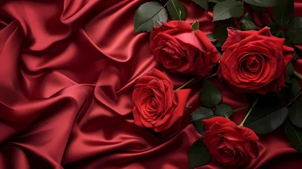 Poster red roses on red fabric background © Kornkanok