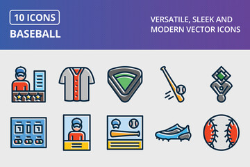 Baseball Thick Line Filled Dark Colors Icons Set