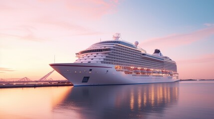 A modern, white cruise ship near the pier at sunset, side view. Travel and vacation