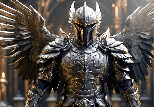 Warrior angel after the battle with massive wings. a dark paladin with black wings and black armor