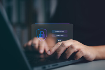 Cybersecurity crime awareness and data protection, a businessman with padlock security icon for safe connecting application. Protection from hackers, identification, authentication, and certification.