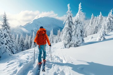 Fototapeta na wymiar Backcountry ski walking in the mountains. Generative Ai.