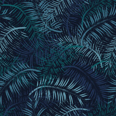 Seamless blue camo pattern with tropical foliage, palm leaves. Paint brush strokes. Grunge abstract style. For apparel, fabric, textile, sport goods.