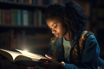AfricanAmerican student studying religion in Chicago library.